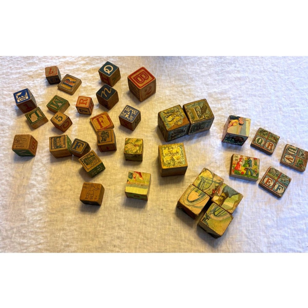 Antique Alphabet Blocks Assorted Vintage Wooden Toy Lot Primitive Decor